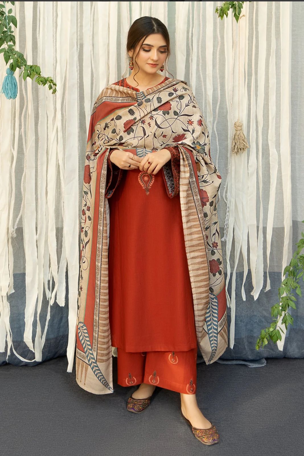 URGE -3PC EMBROIDERED DHANAK DRESS WITH DHANAK WOOL SHAWL- FW-123