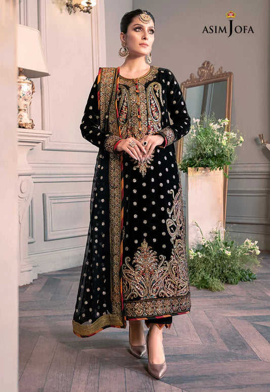 ASIM JOFA -3PC HEAVY FANCY EMBROIDERED VELVET DRESS WITH 4 SIDE HEAVY EMBROIDERED DUPATTA- FPW-82