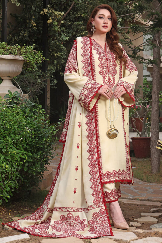 ASIM JOFA-3PC DHANAK EMBROIDERED SHIRT WITH DHANAK EMBROIDERED SHAWL & TROUSER-FW-15