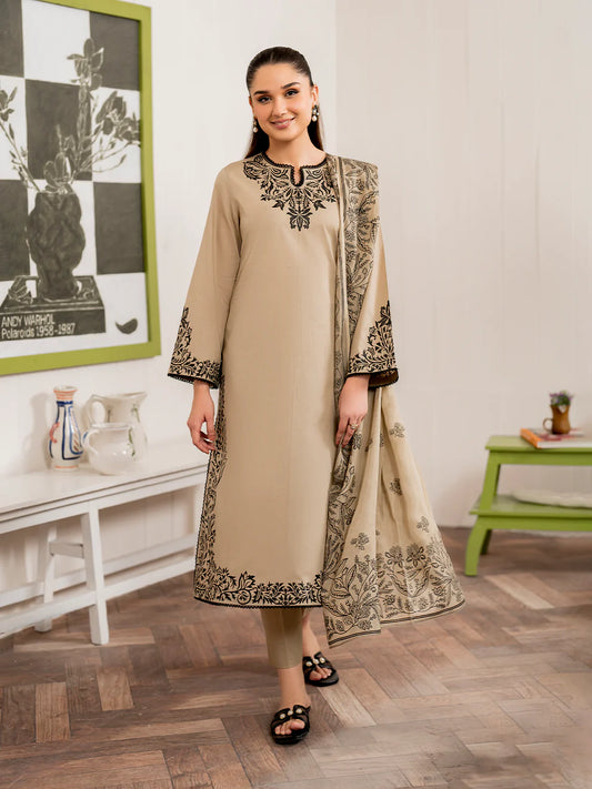 GRANEUT-3PC EMBROIDERED DHANAK DRESS WITH  PRINTED WOOL SHAWL- FW-132