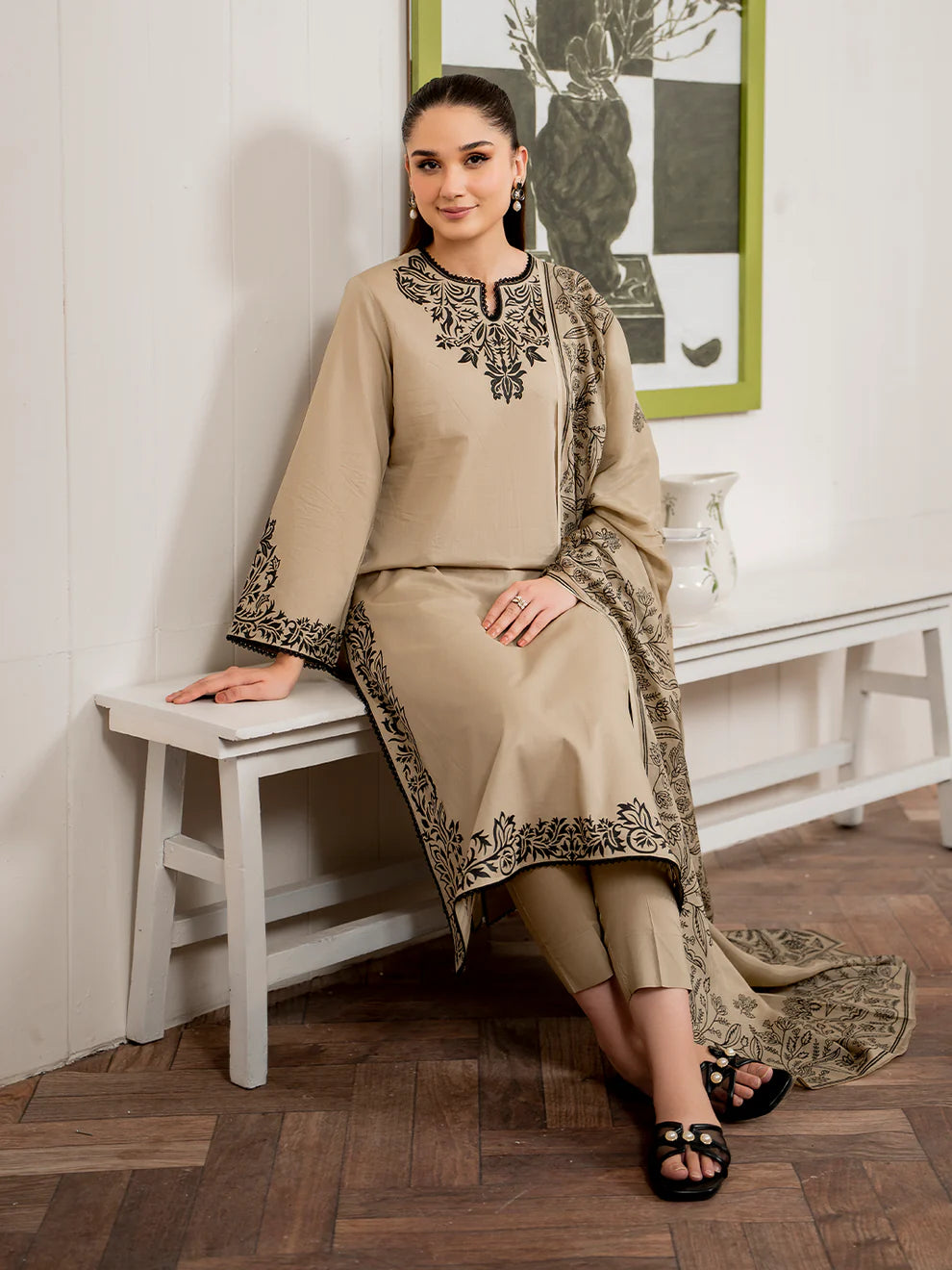 GRANEUT-3PC EMBROIDERED DHANAK DRESS WITH  PRINTED WOOL SHAWL- FW-132