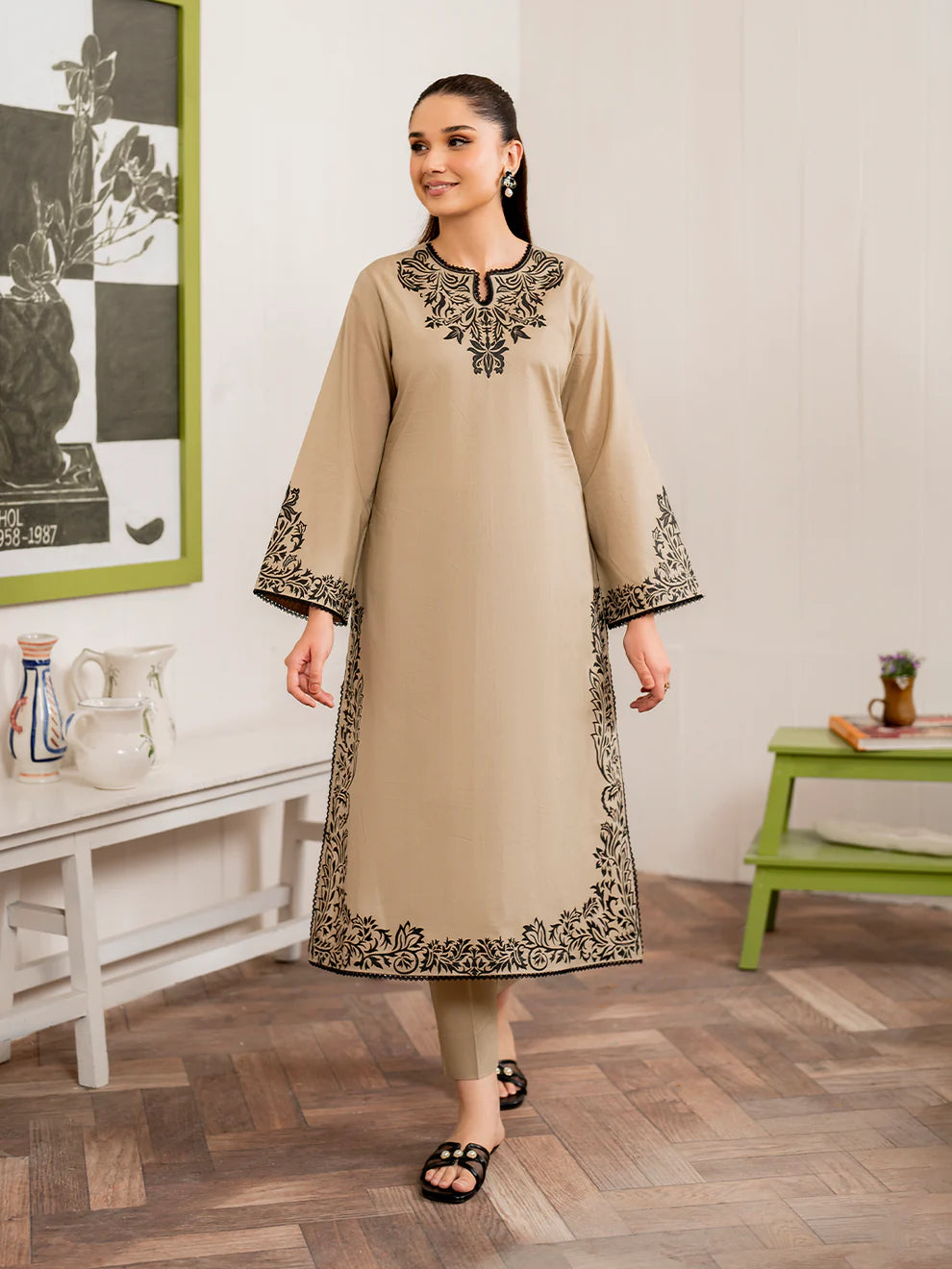 GRANEUT-3PC EMBROIDERED DHANAK DRESS WITH  PRINTED WOOL SHAWL- FW-132