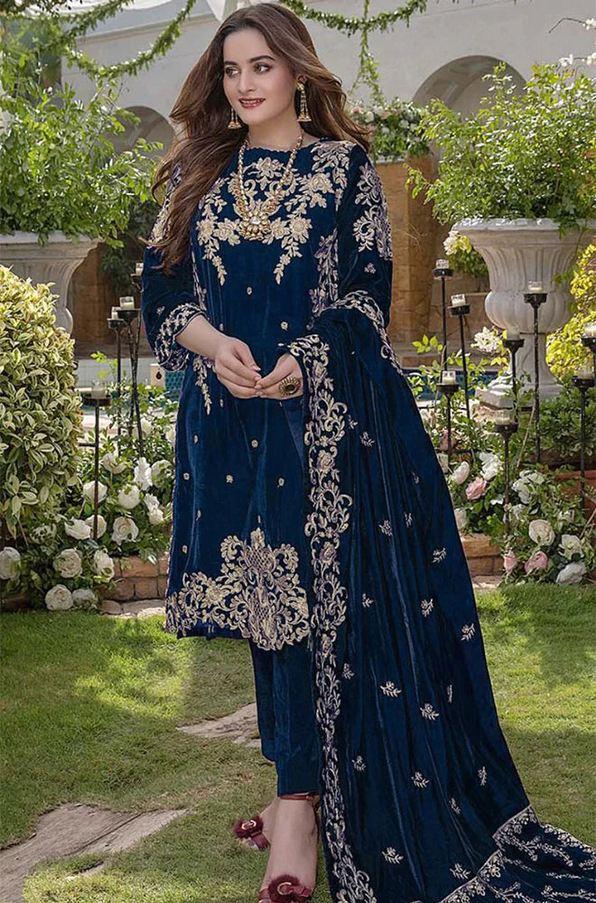 AZURE -3PC FANCY EMBROIDERED VELVET DRESS WITH HEAVY EMBROIDERED VELVET SHAWL- FPW-62