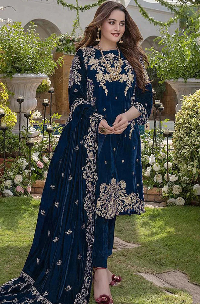 AZURE -3PC FANCY EMBROIDERED VELVET DRESS WITH HEAVY EMBROIDERED VELVET SHAWL- FPW-62