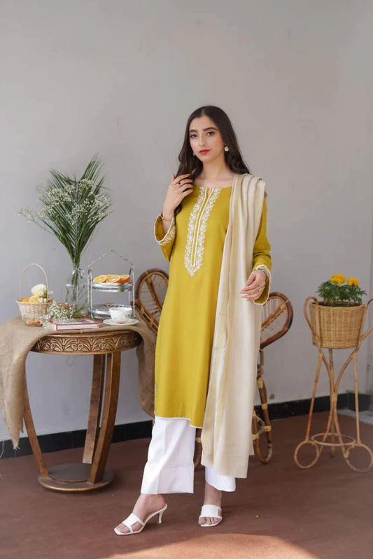 AISLING -3PC EMBROIDERED DHANAK DRESS WITH DHANAK WOOL SHAWL- FW-87