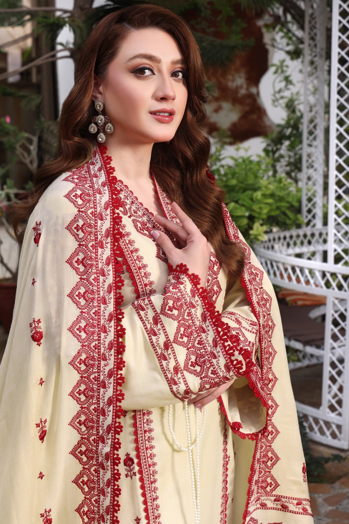ASIM JOFA-3PC DHANAK EMBROIDERED SHIRT WITH DHANAK EMBROIDERED SHAWL & TROUSER-FW-15