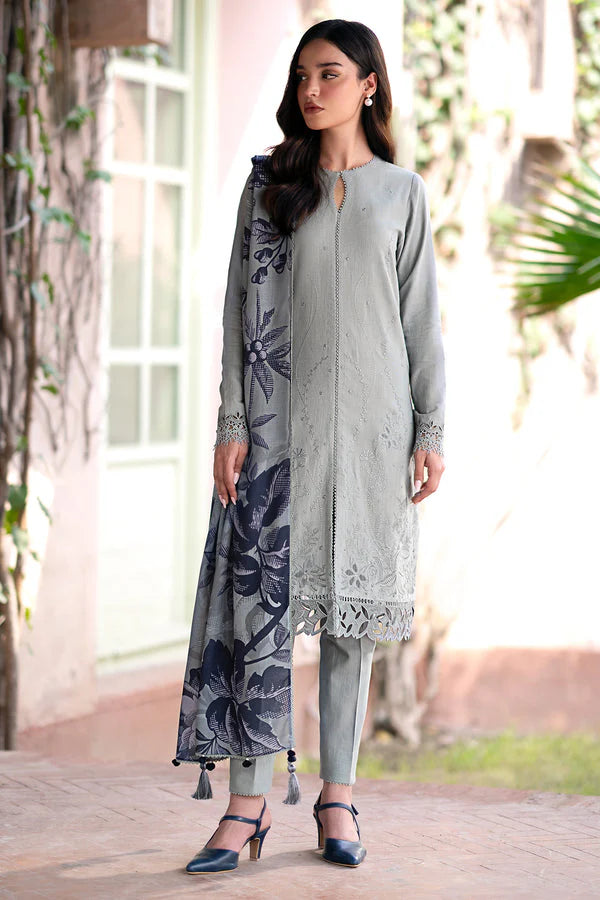 JAZMIN-3PC DHANAK EMBROIDRED SHIRT WITH WOOL PRINT SHAWL AND TROUSER- FW-156