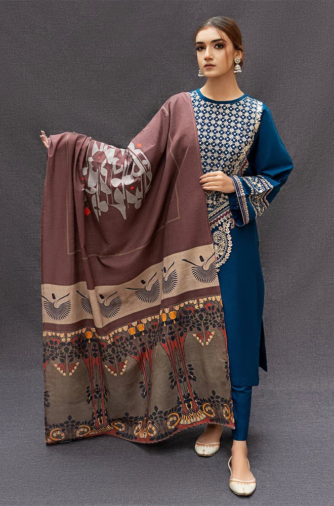 URGE -3PC EMBROIDERED DHANAK DRESS WITH DHANAK WOOL SHAWL- FW-136