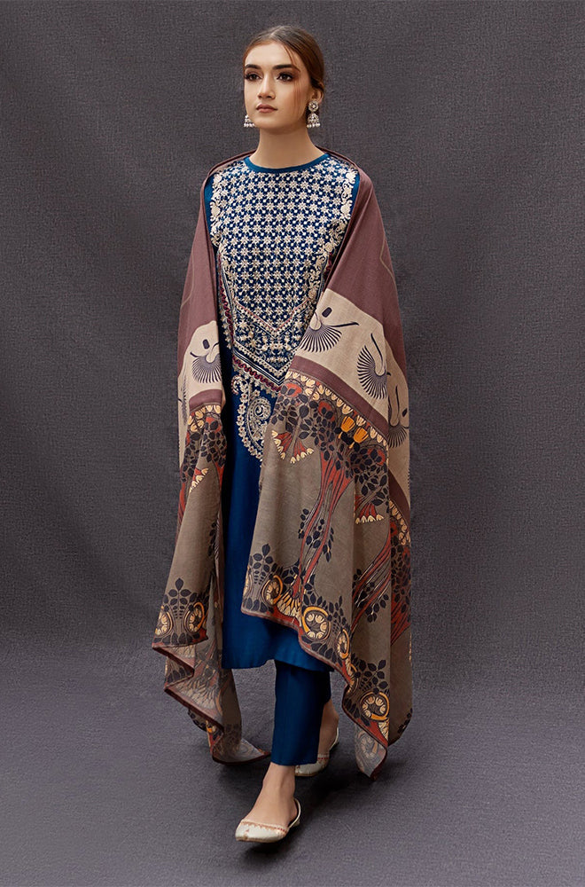 URGE -3PC EMBROIDERED DHANAK DRESS WITH DHANAK WOOL SHAWL- FW-136