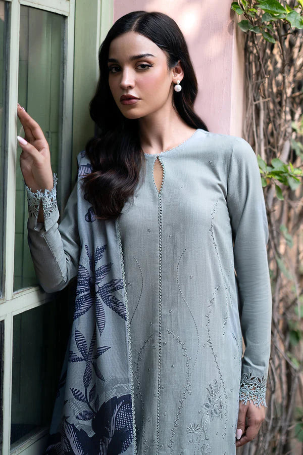 JAZMIN-3PC DHANAK EMBROIDRED SHIRT WITH WOOL PRINT SHAWL AND TROUSER- FW-156