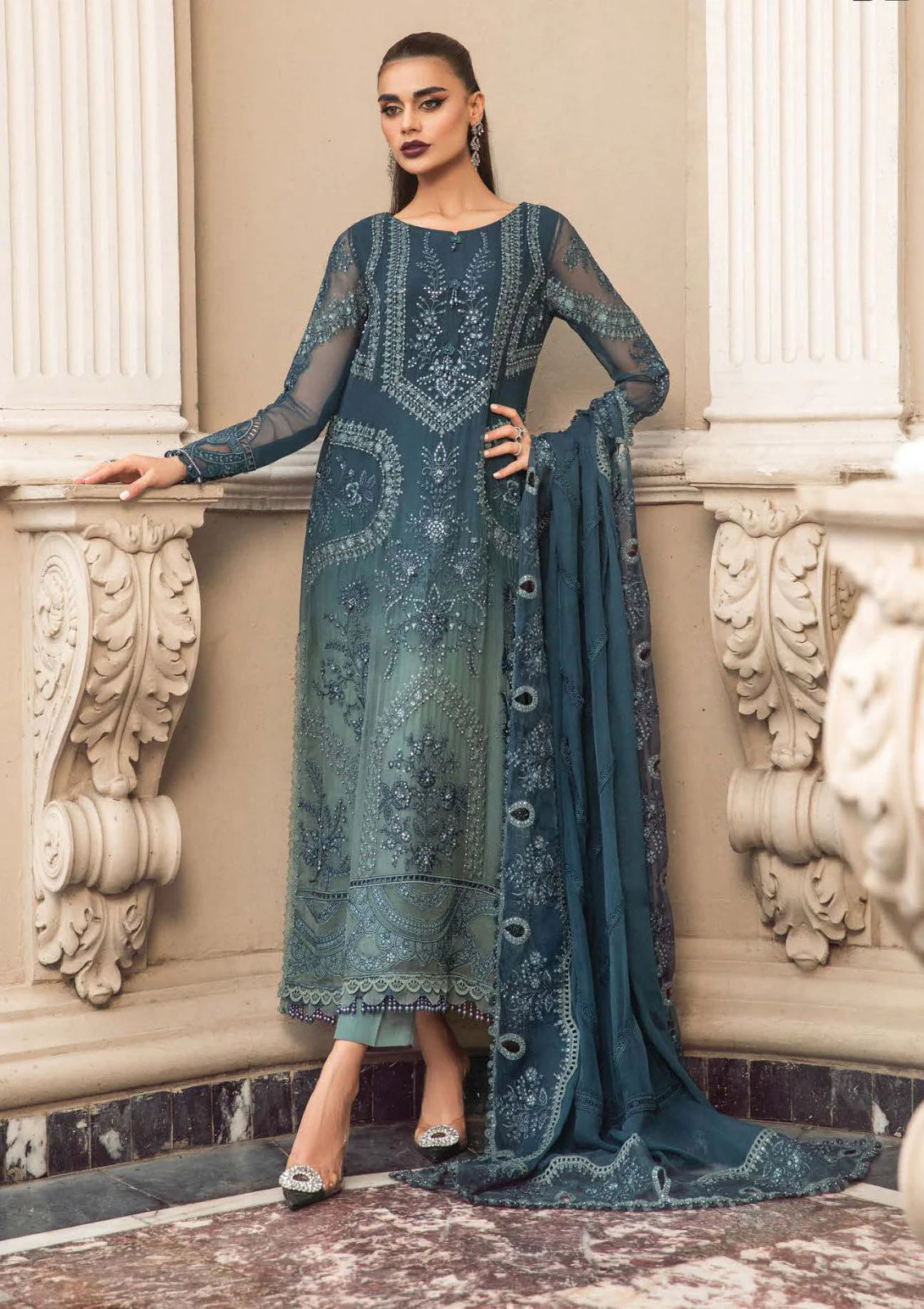 MARIA.B -3PC FANCY EMBROIDERED CHIFFON DRESS WITH FULLY HEAVY 4 SIDE EMBROIDERED CHIFFON DUPATTA- FPW-79