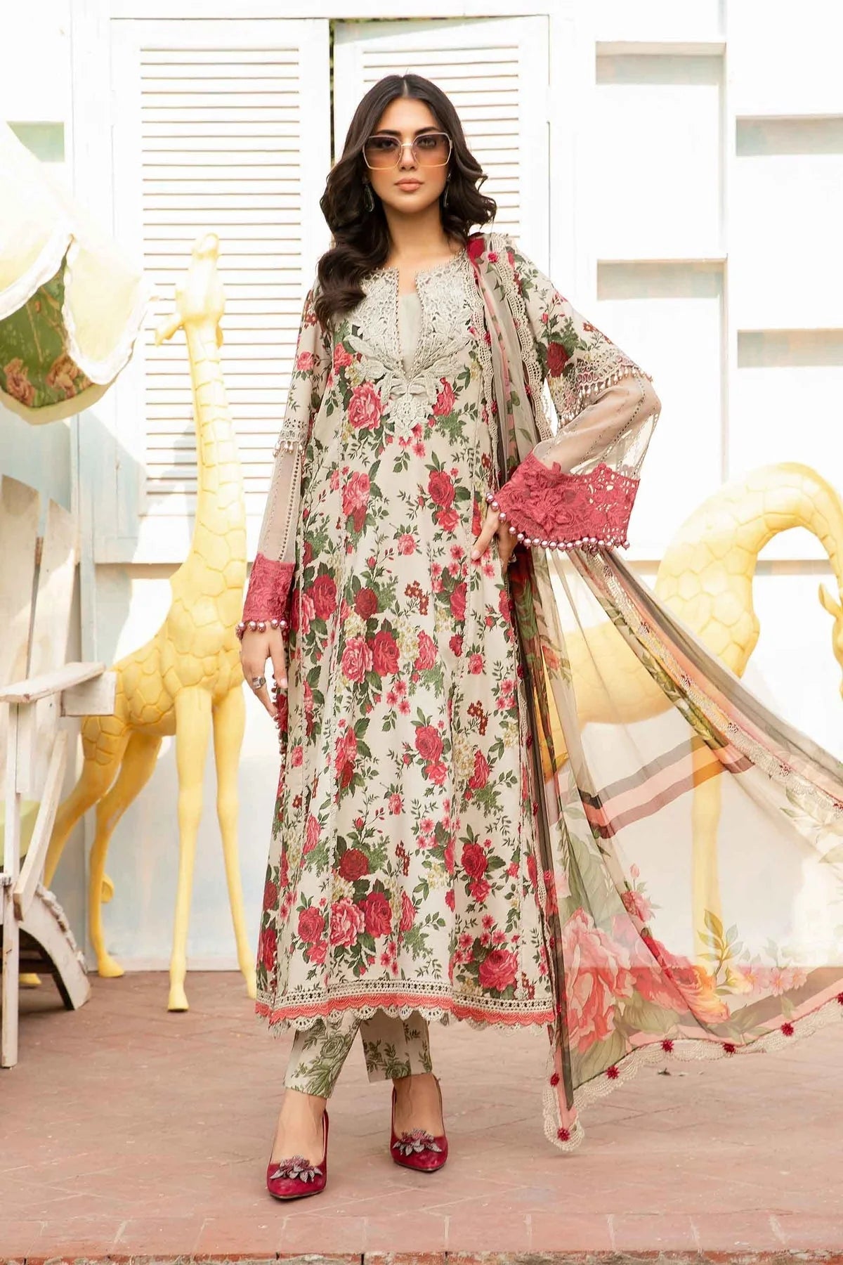 MARIA.B -3PC EMBROIDERED LAWN DRESS WITH PRINTED CHIFFON DUPATTA- FN-153