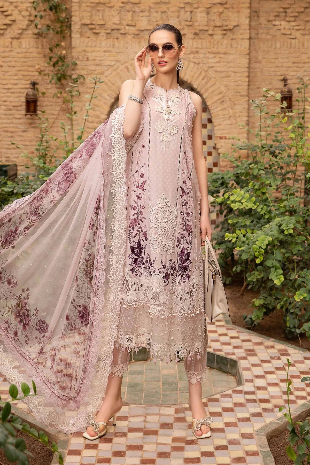 MARIA B -3PC FULLY HEAVY EMBROIDERED CUTWORK LAWN DRESS WITH HEAVY EMBROIDERED SILK DUPATTA- FN-136