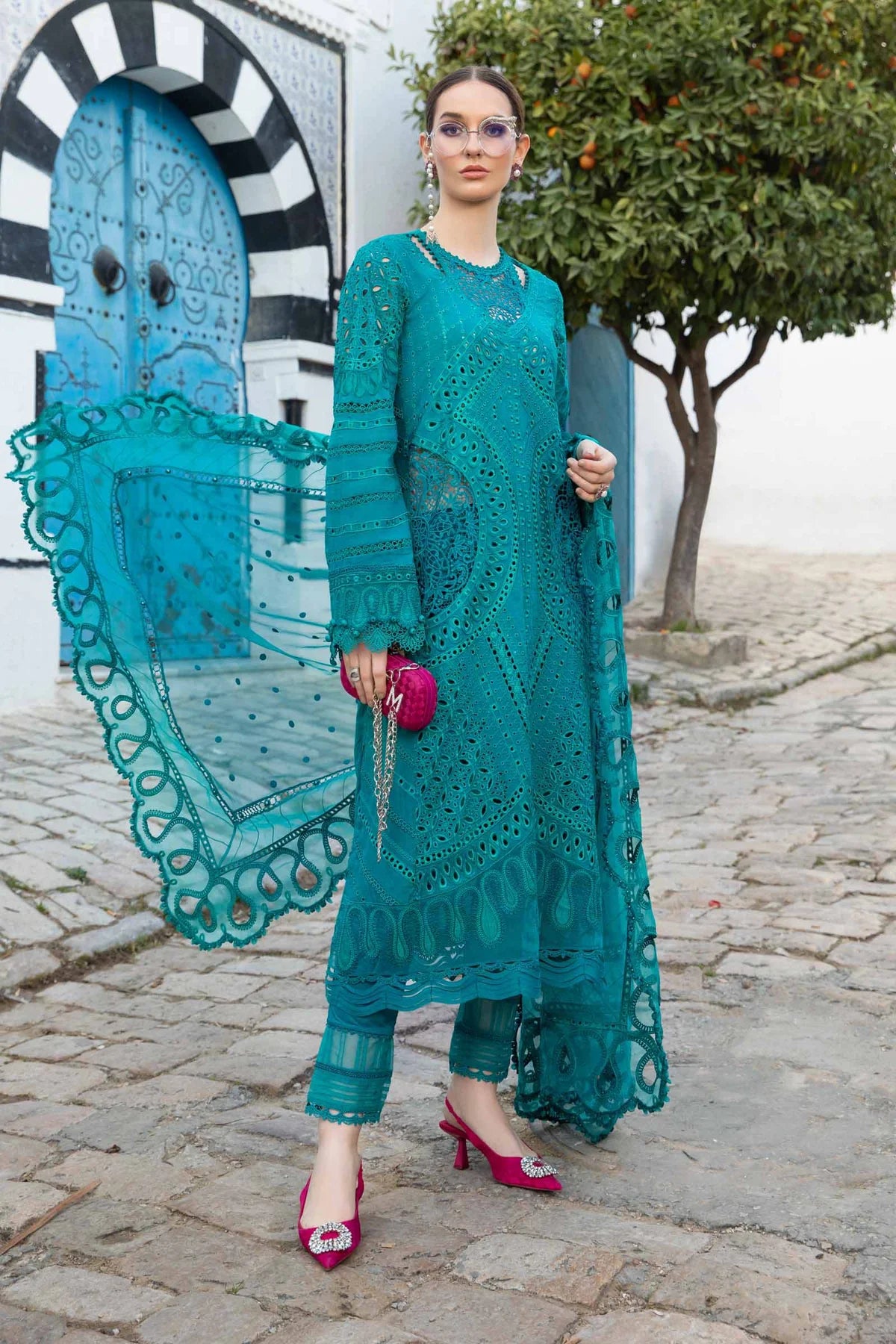 MARIA.B -EMBROIDED CUTWORK LAWN DRESS WITH EMBROIDED SILK DUPATTA FN-129