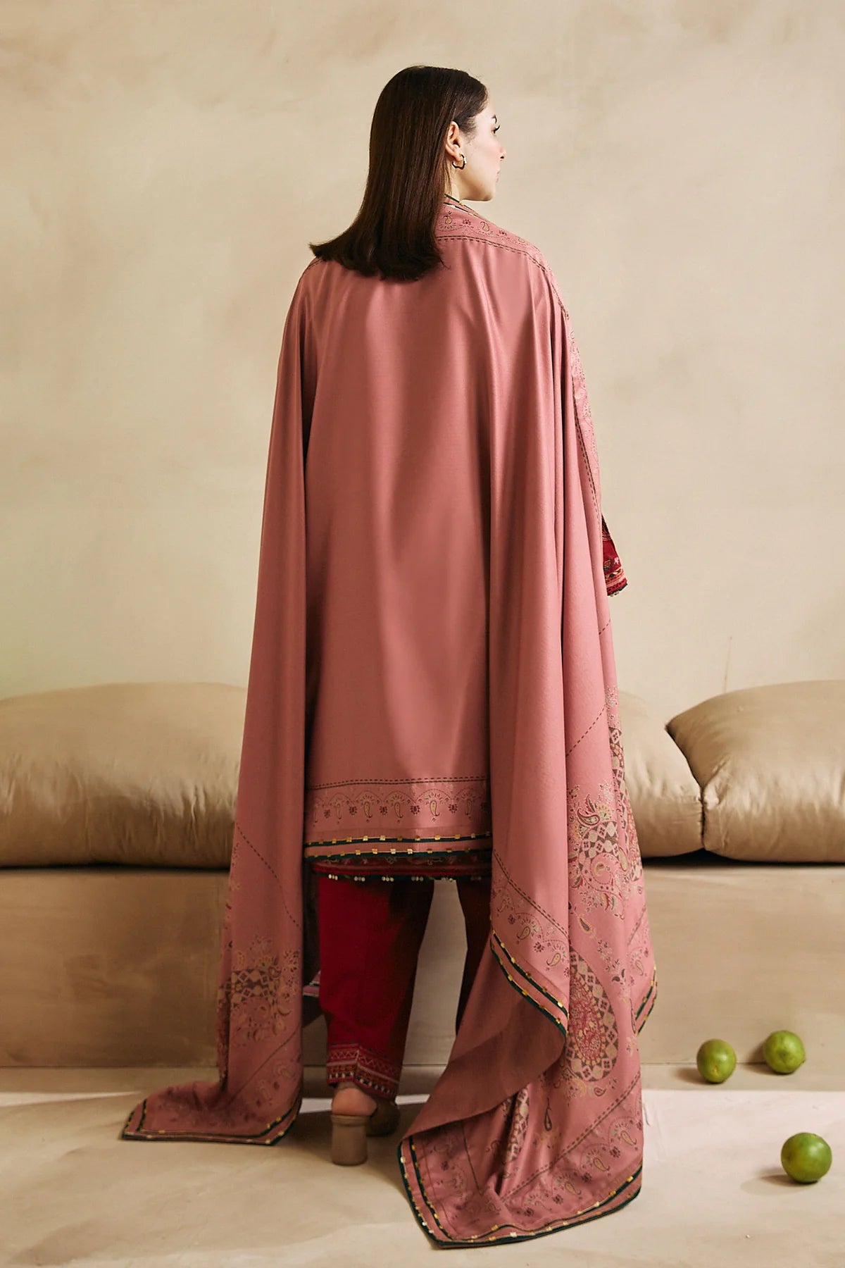 ZARA SHAHJAHAN -3PC EMBROIDERED DHANAK DRESS WITH WOOL SHAWL- FW-129