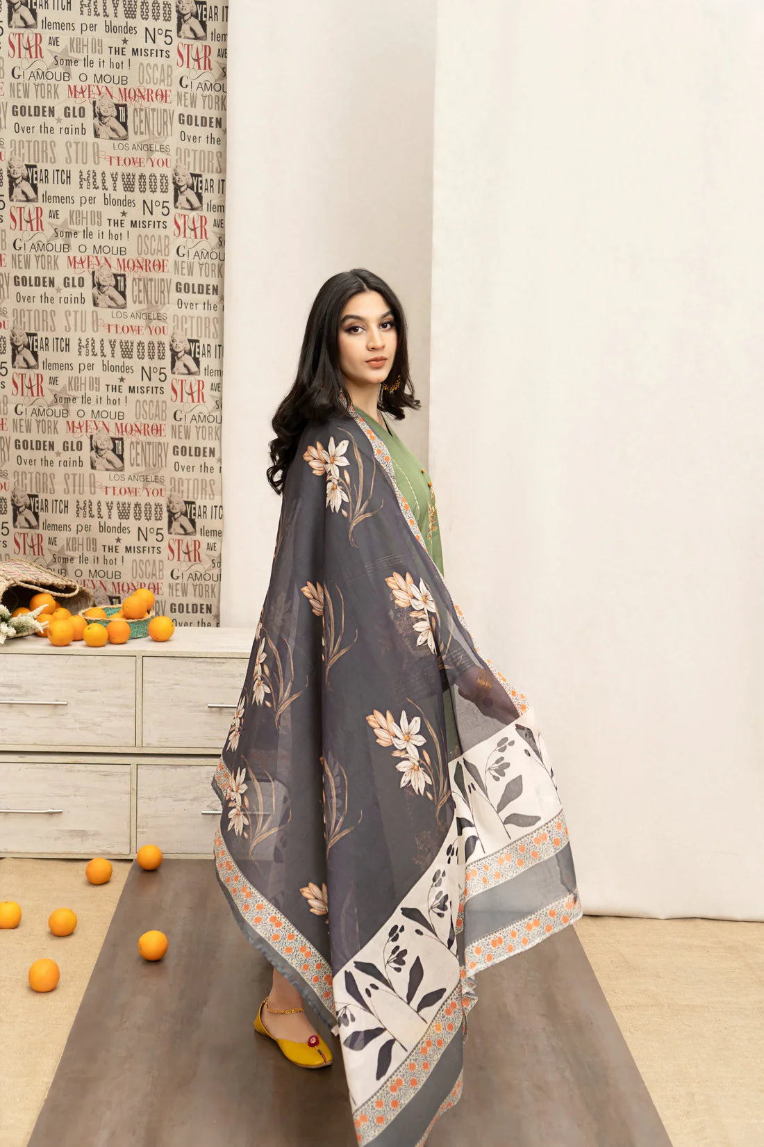 URGE- 3PC DHANAK EMBROIDERED SHIRT WITH COUTURE PRINT SHAWL AND EMB TROUSER- FW-14