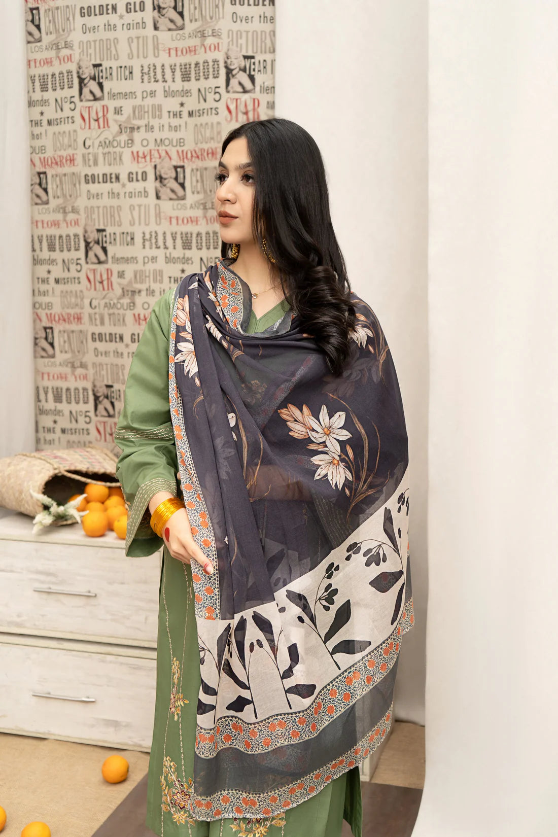 URGE- 3PC DHANAK EMBROIDERED SHIRT WITH COUTURE PRINT SHAWL AND EMB TROUSER- FW-14