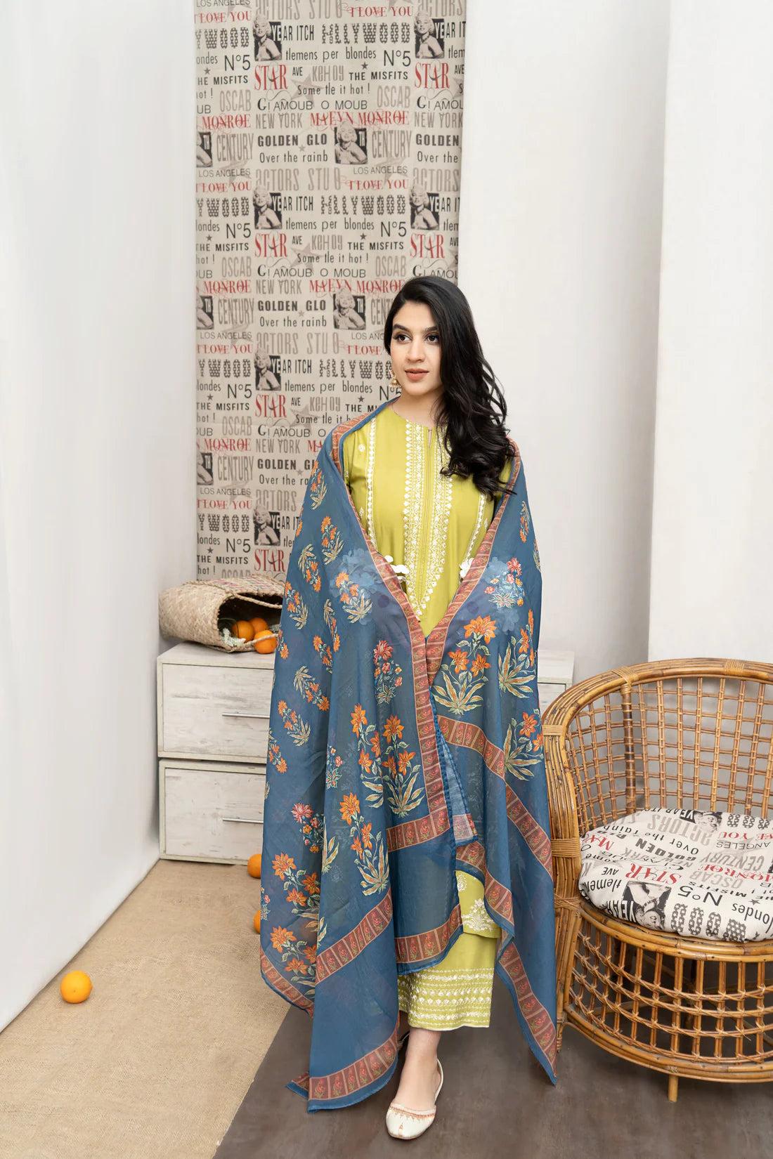 URGE- 3PC DHANAK EMBROIDERED SHIRT WITH COUTURE WOOL PRINT SHAWL AND EMB TROUSER- FW-23