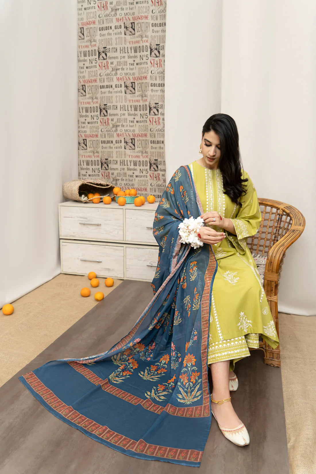 URGE- 3PC DHANAK EMBROIDERED SHIRT WITH COUTURE WOOL PRINT SHAWL AND EMB TROUSER- FW-23