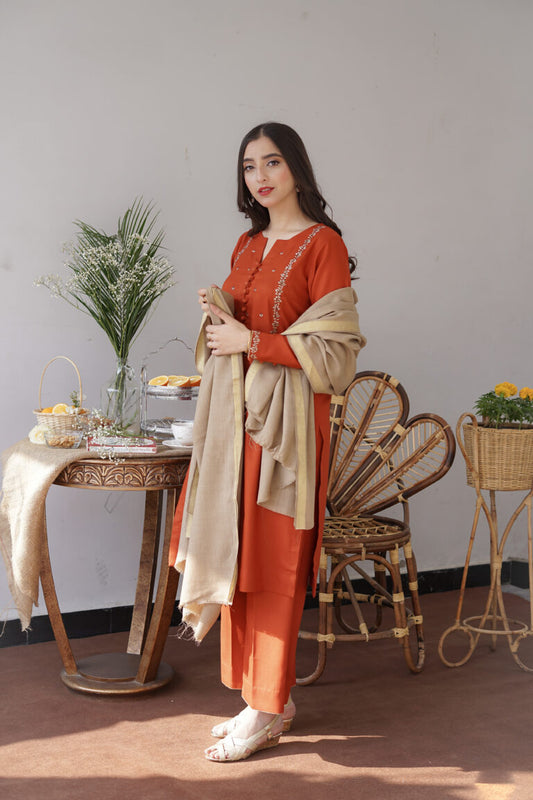 AISLING -3PC EMBROIDERED DHANAK DRESS WITH EMBROIDERED DHANAK WOOL SHAWL- FW-75