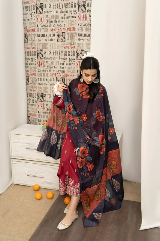 URGE - 3PC DHANAK EMBROIDERED SHIRT WITH COUTURE PRINTED SHAWL AND EMB TROUSER- FW-15