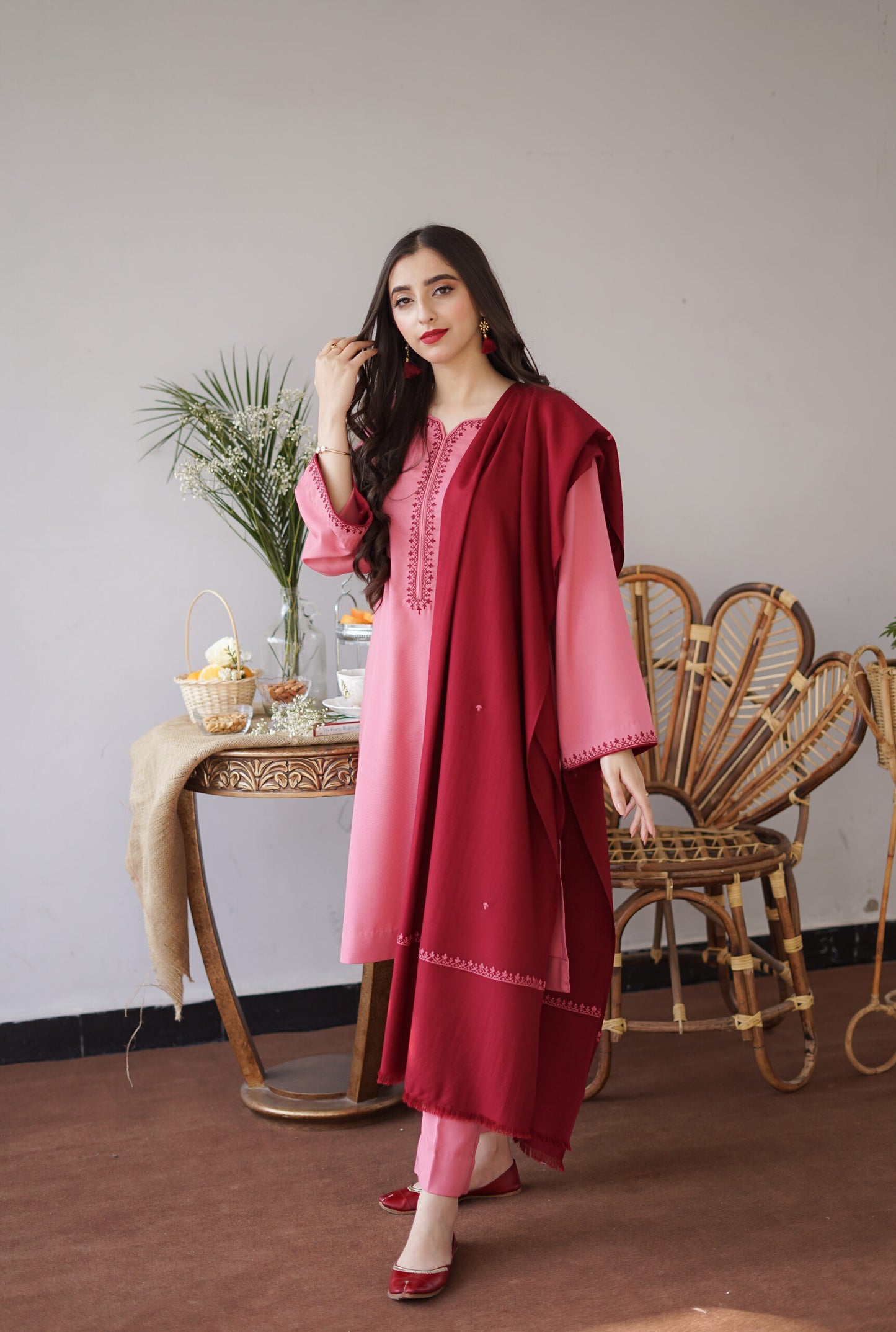 AISLING -3PC EMBROIDERED DHANAK DRESS WITH EMBROIDERED DHANAK WOOL SHAWL- FW-74