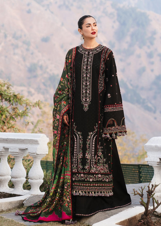 HUSSAIN REHAR-3PC DHANAK EMBROIDERED SHIRT WITH COURTRAI PRINTED SHAWL AND TROUSER-FW-12