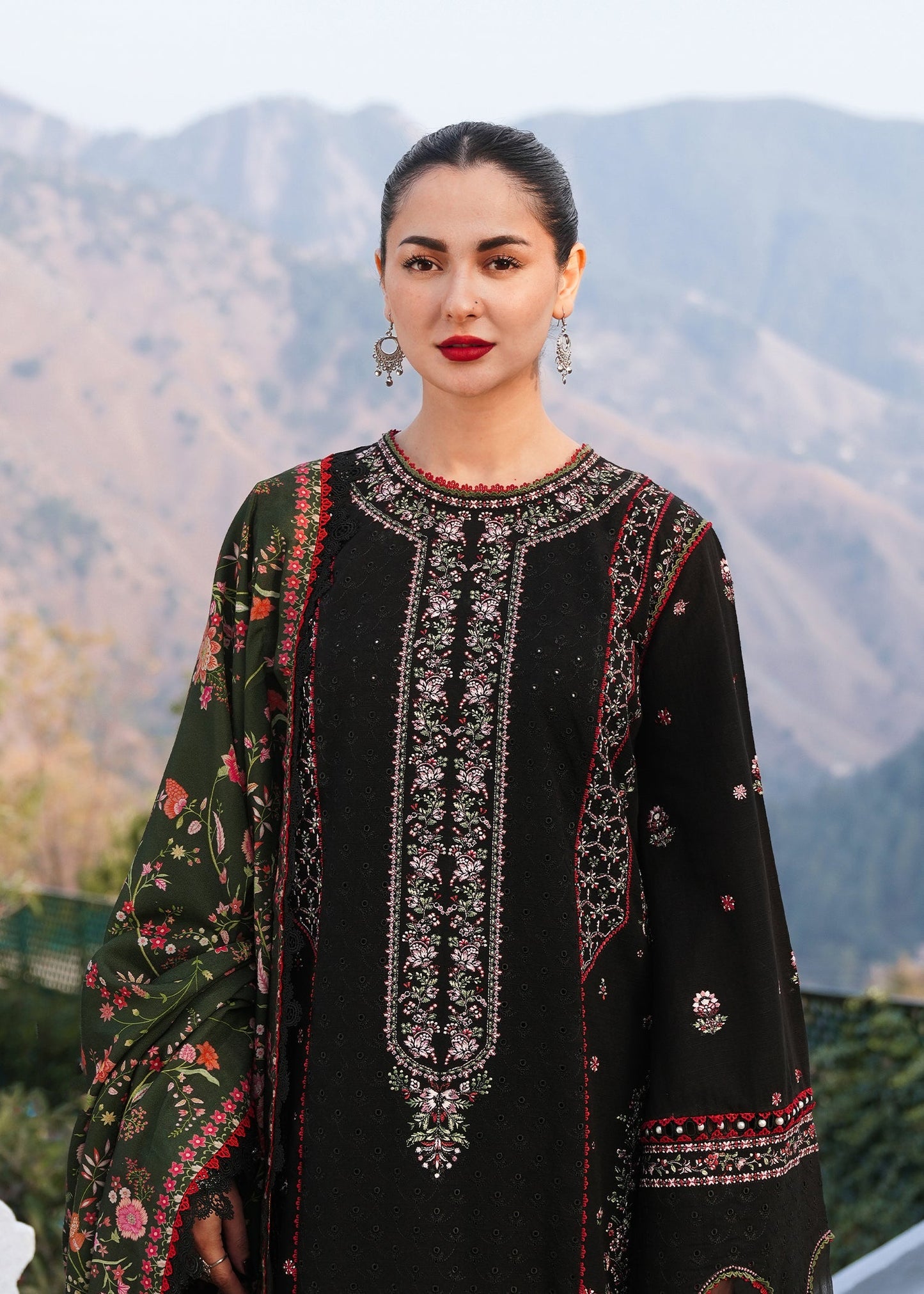 HUSSAIN REHAR-3PC DHANAK EMBROIDERED SHIRT WITH COURTRAI PRINTED SHAWL AND TROUSER-FW-12