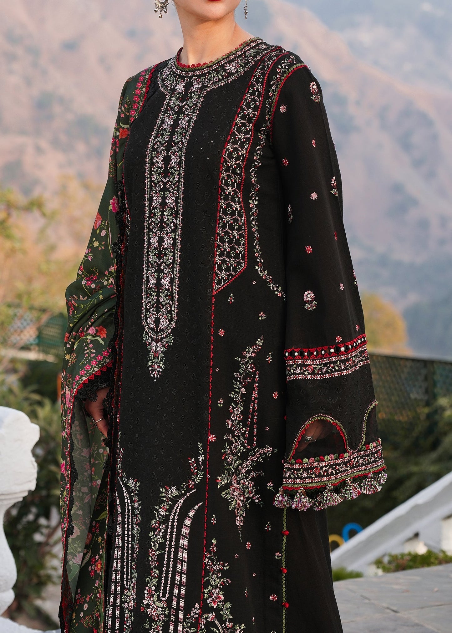 HUSSAIN REHAR-3PC DHANAK EMBROIDERED SHIRT WITH COURTRAI PRINTED SHAWL AND TROUSER-FW-12