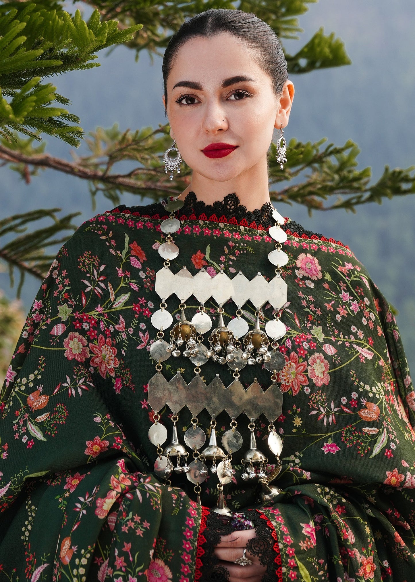 HUSSAIN REHAR-3PC DHANAK EMBROIDERED SHIRT WITH COURTRAI PRINTED SHAWL AND TROUSER-FW-12