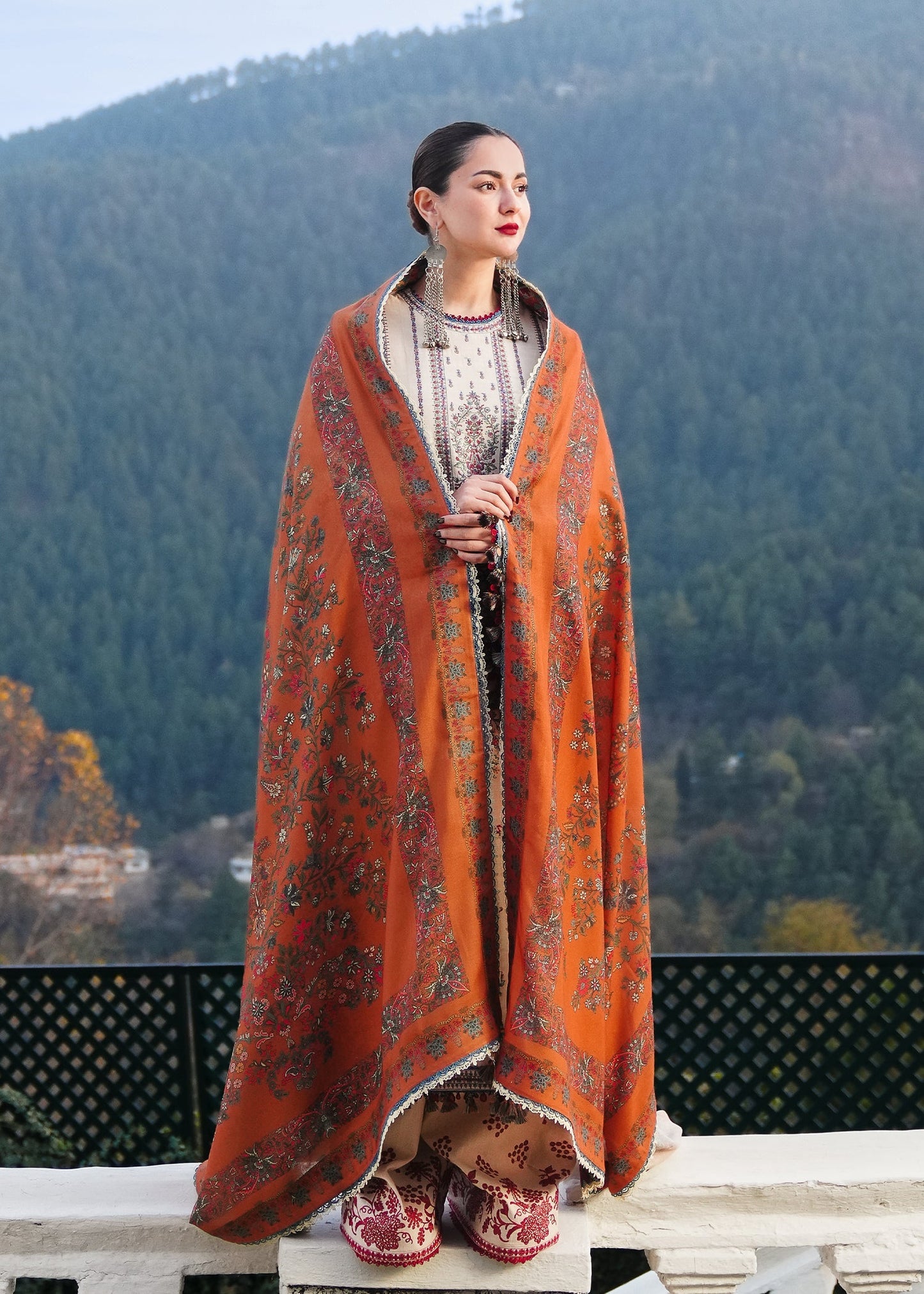 HUSSAIN REHAR-3PC DHANAK EMBROIDERED SHIRT WITH COURTRAI PRINTED SHAWL AND TROUSER-FW-8