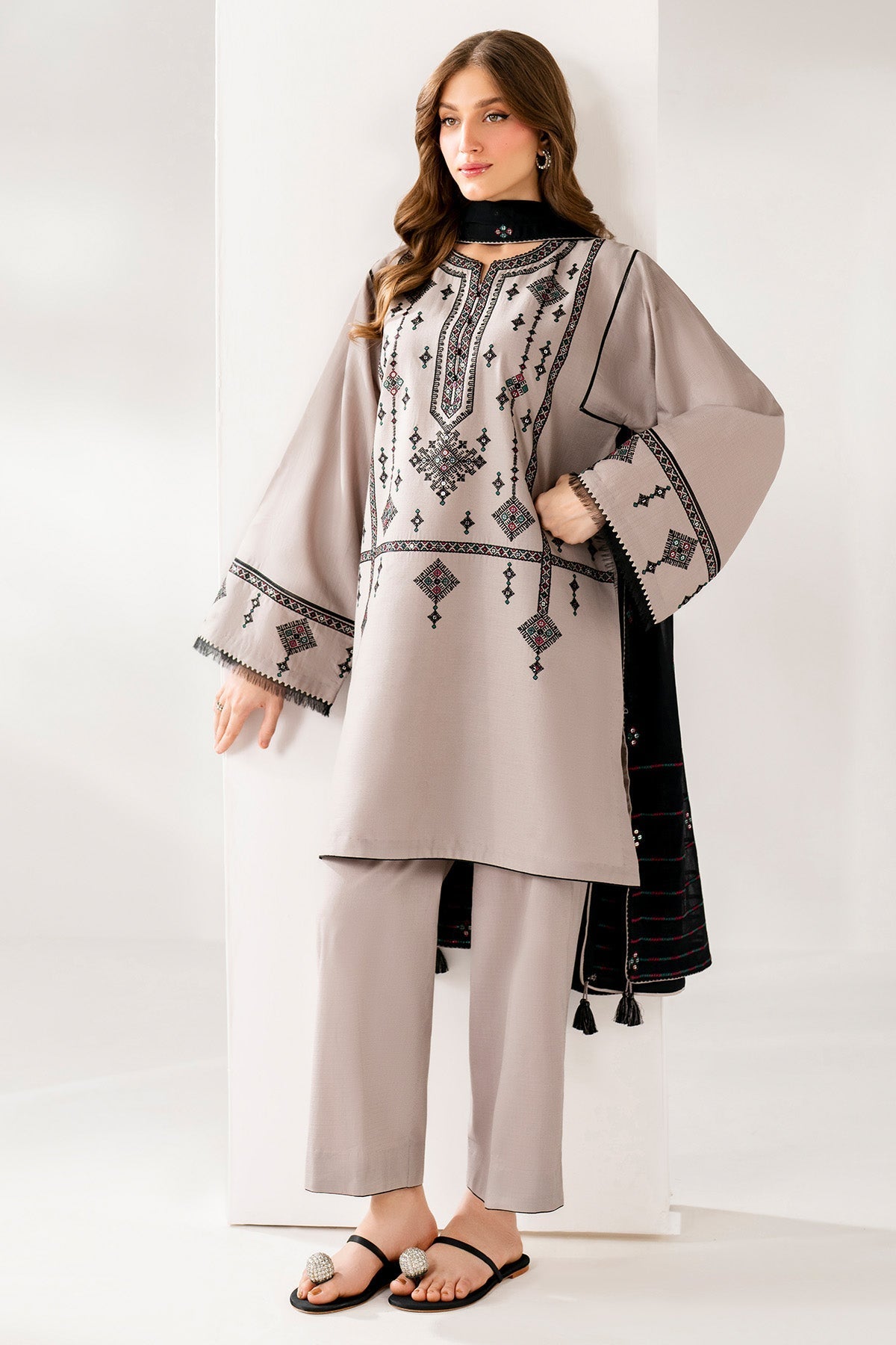 JAZMIN-3PC DHANAK EMBROIDERED SHIRT WITH CHIFFON EMB DUPATTA AND TROUSER-FW-7