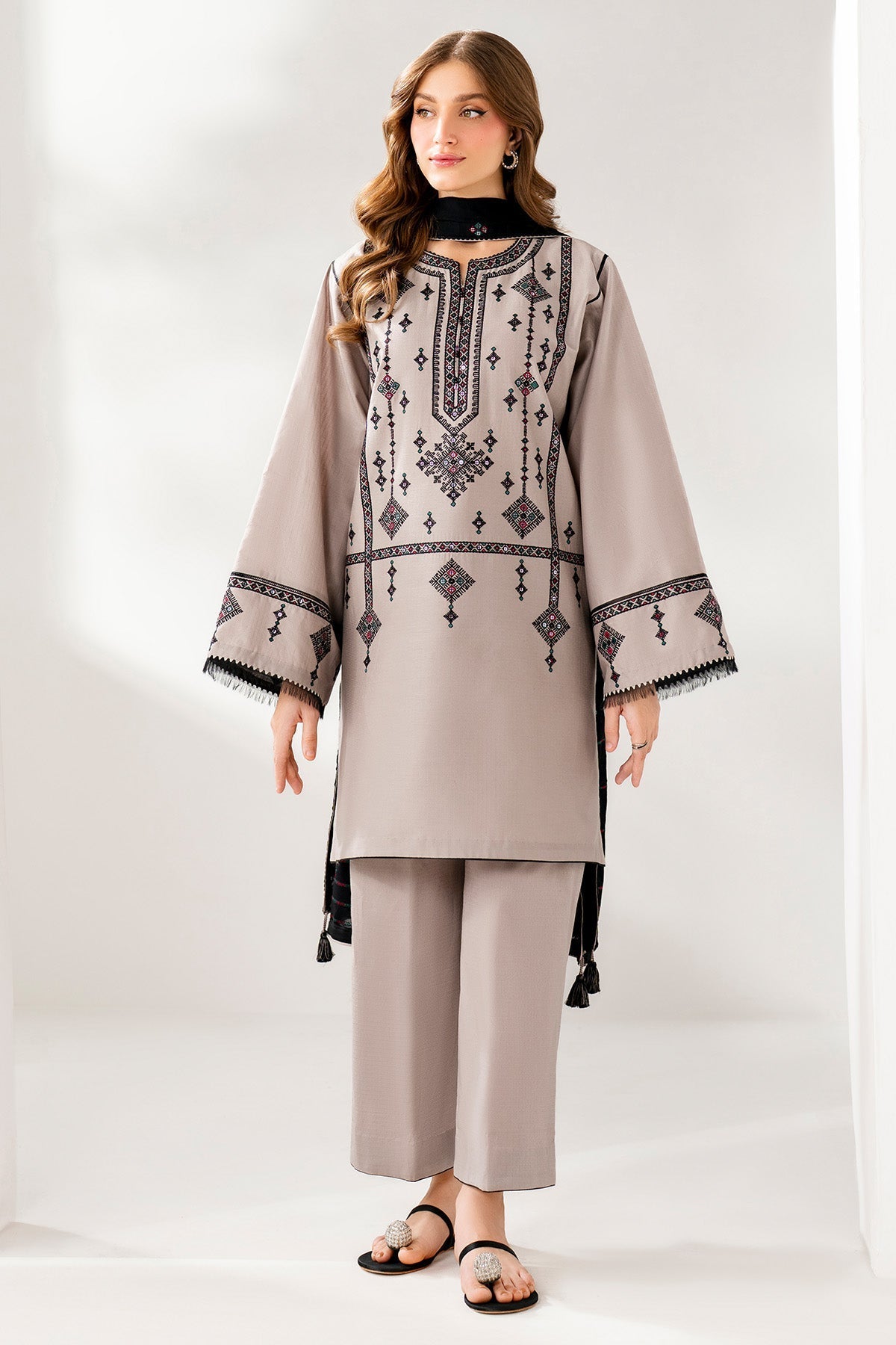 JAZMIN-3PC DHANAK EMBROIDERED SHIRT WITH CHIFFON EMB DUPATTA AND TROUSER-FW-7