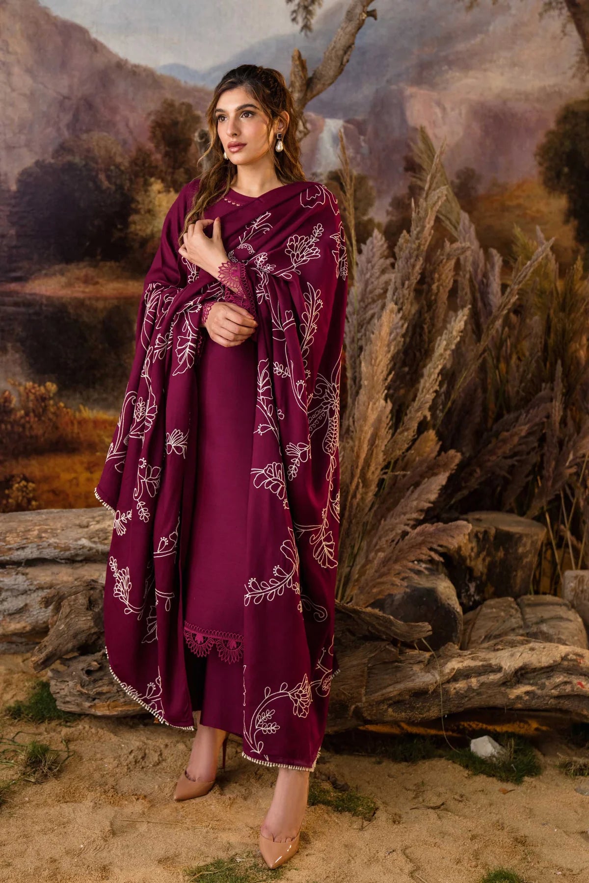 NATASHA KAMAAL -3PC EMBROIDERED DHANAK DRESS WITH FULLY EMBROIDERED DHANAK WOOL SHAWL- FW-127