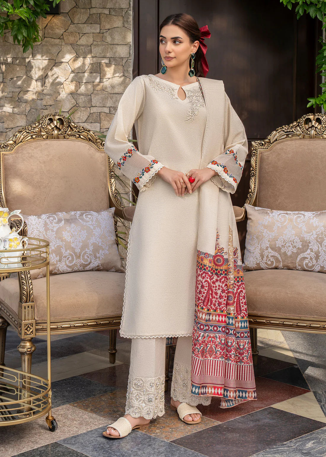 GHAZAL- 3PC DHANAK EMBROIDERED SHIRT WITH WOOL PRINT SHAWL AND TROUSER- FCW-01