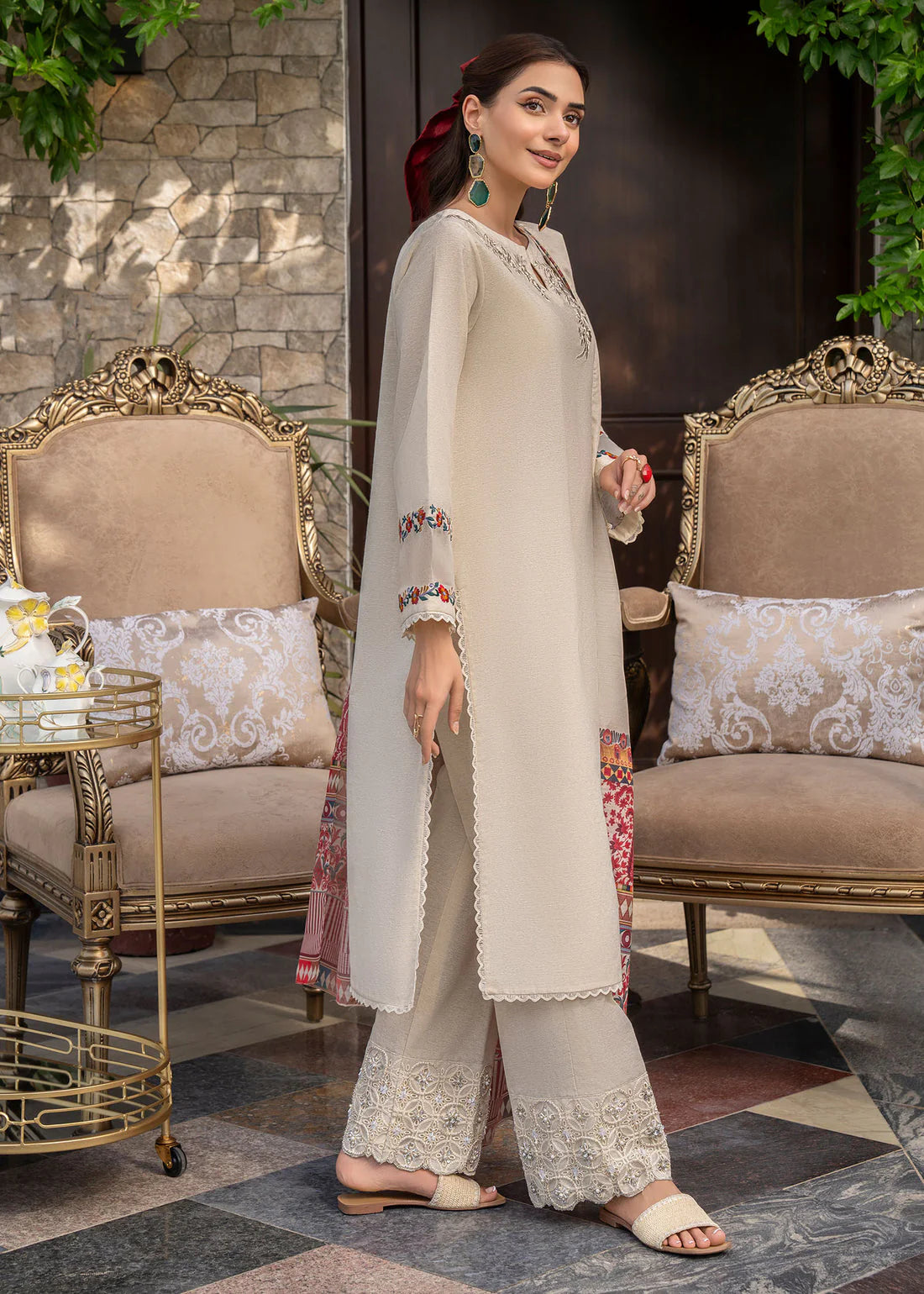 GHAZAL- 3PC DHANAK EMBROIDERED SHIRT WITH WOOL PRINT SHAWL AND TROUSER- FCW-01