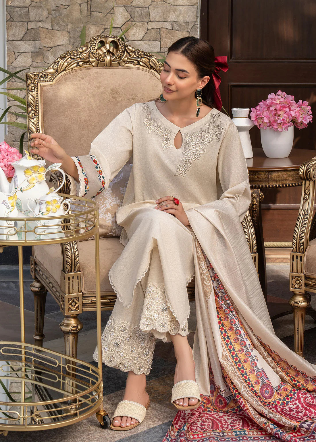 GHAZAL- 3PC DHANAK EMBROIDERED SHIRT WITH WOOL PRINT SHAWL AND TROUSER- FCW-01