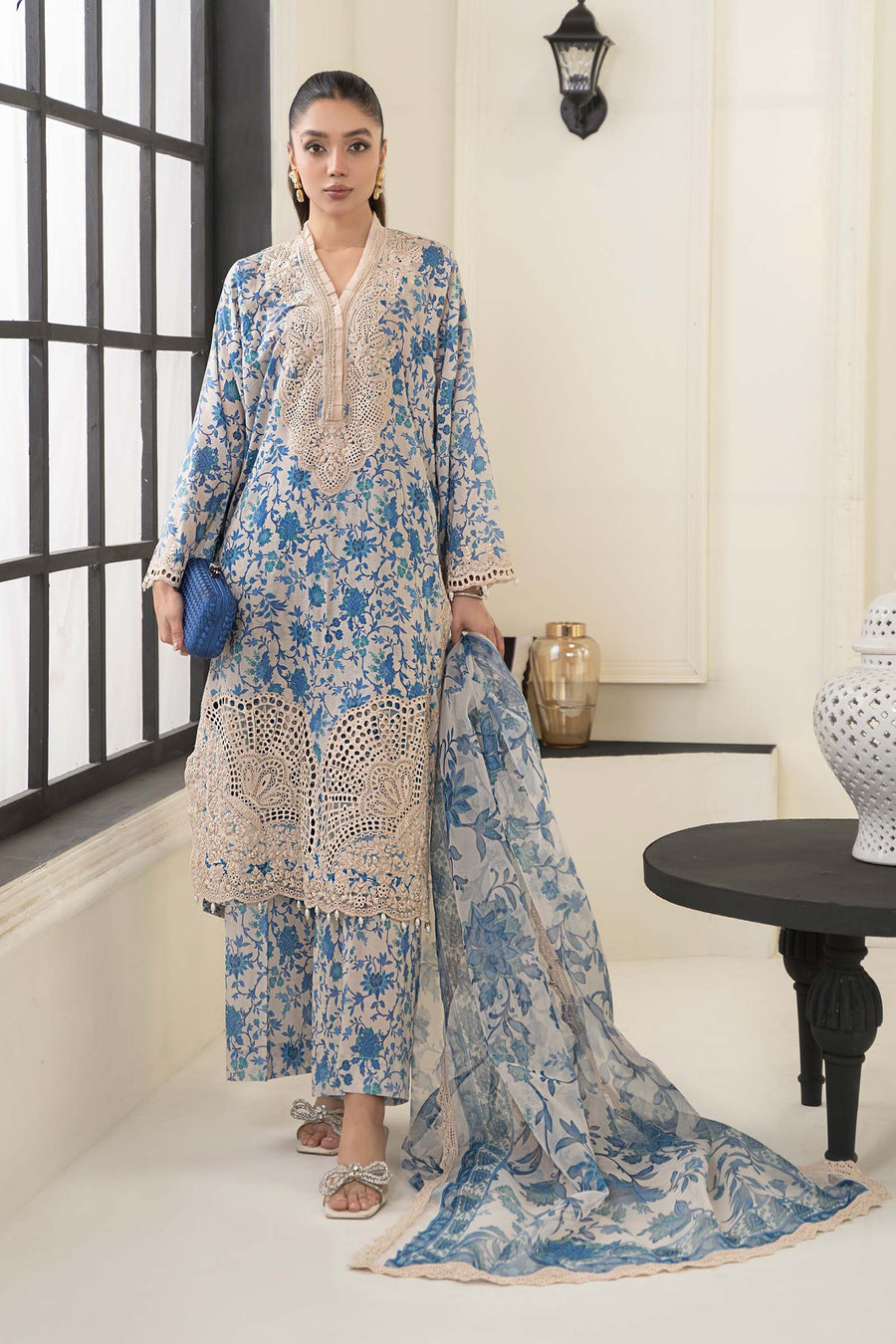 MARIA.B -3PC EMBROIDERED LAWN DRESS WITH PRINTED CHIFFON DUPATTA- FN-88