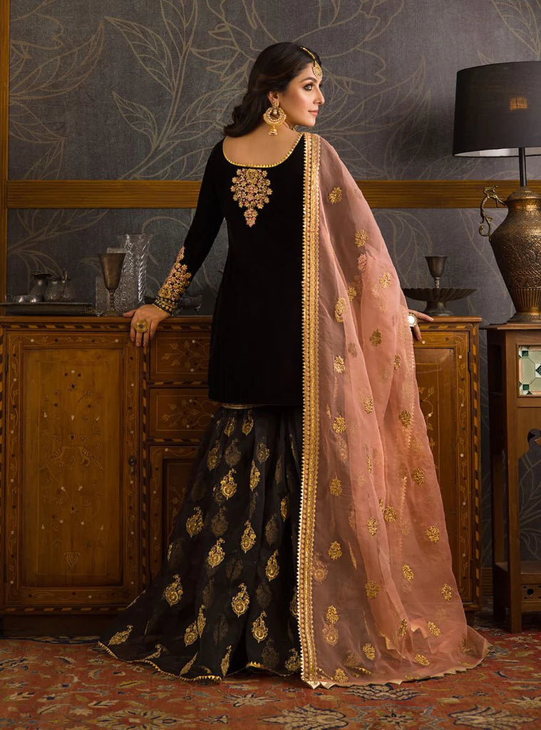 ZAINAB CHOTHANI -3PC FULLY EMBROIDERED HAND WORK VELVET DRESS WITH 4 SIDE HEAVY EMBROIDERED DUPATTA WITH TUSSELS- FPW-74