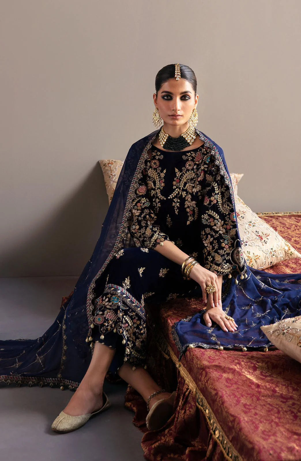 JAZMIN -VELVET 3PC-SEQUENCE EMBROIDERED WORK SHIRT WITH CHIFFON HEAVY SEQUANCE EMBROIDERED DUPATTA- FW-42