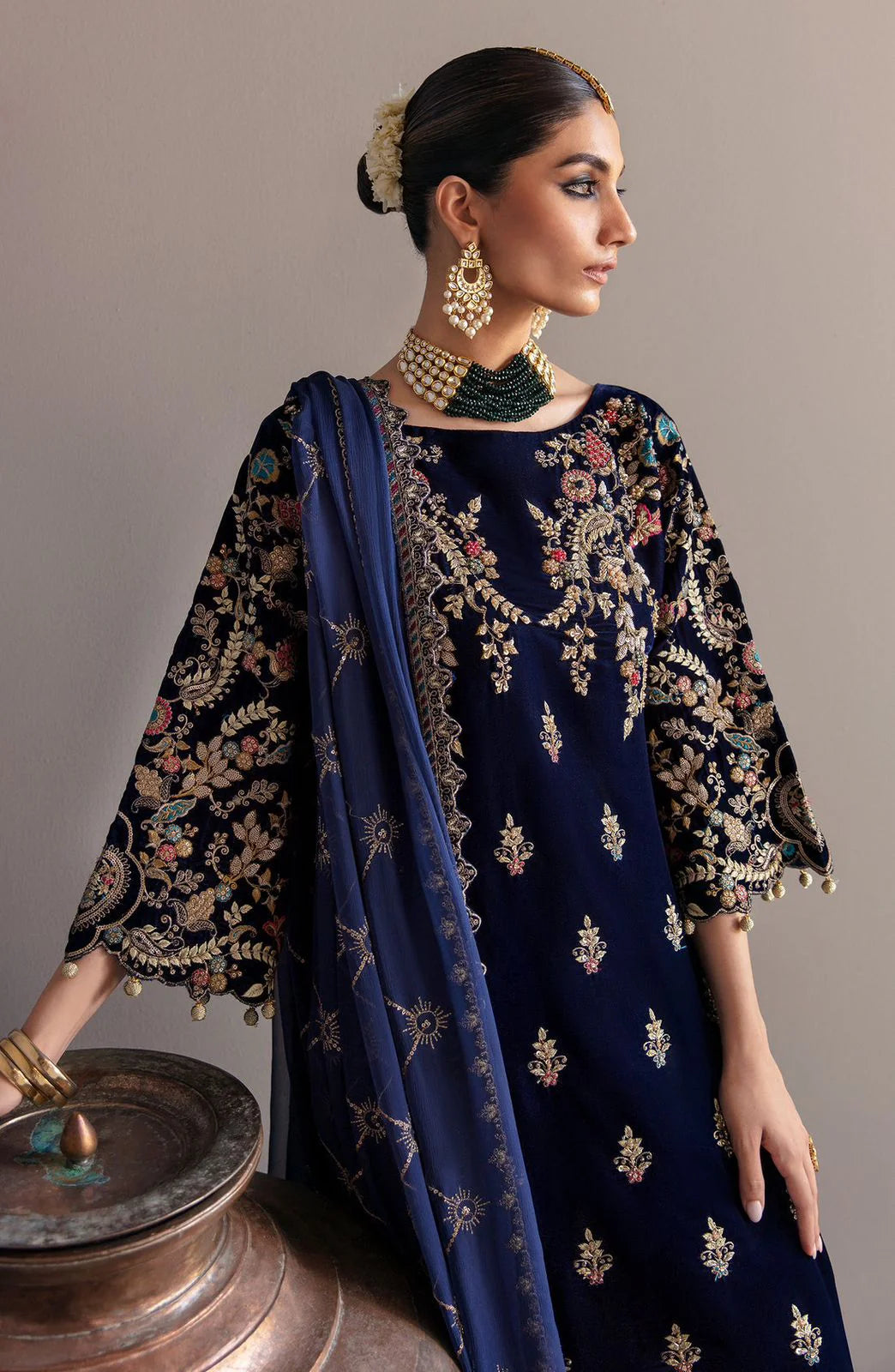 JAZMIN -VELVET 3PC-SEQUENCE EMBROIDERED WORK SHIRT WITH CHIFFON HEAVY SEQUANCE EMBROIDERED DUPATTA- FW-42