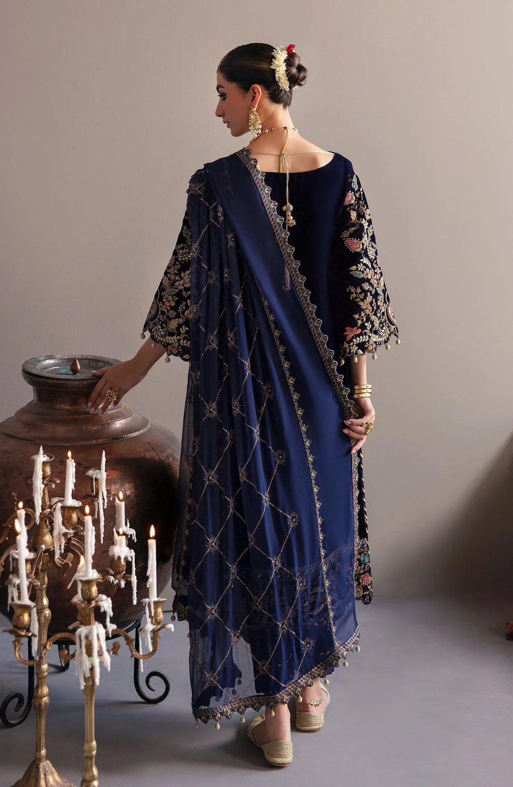 JAZMIN -VELVET 3PC-SEQUENCE EMBROIDERED WORK SHIRT WITH CHIFFON HEAVY SEQUANCE EMBROIDERED DUPATTA- FW-42