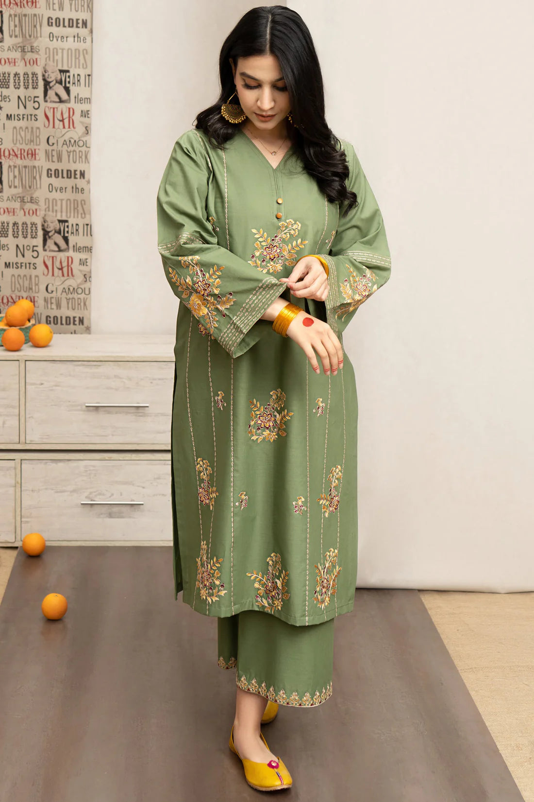 URGE- 3PC DHANAK EMBROIDERED SHIRT WITH COUTURE PRINT SHAWL AND EMB TROUSER- FW-14