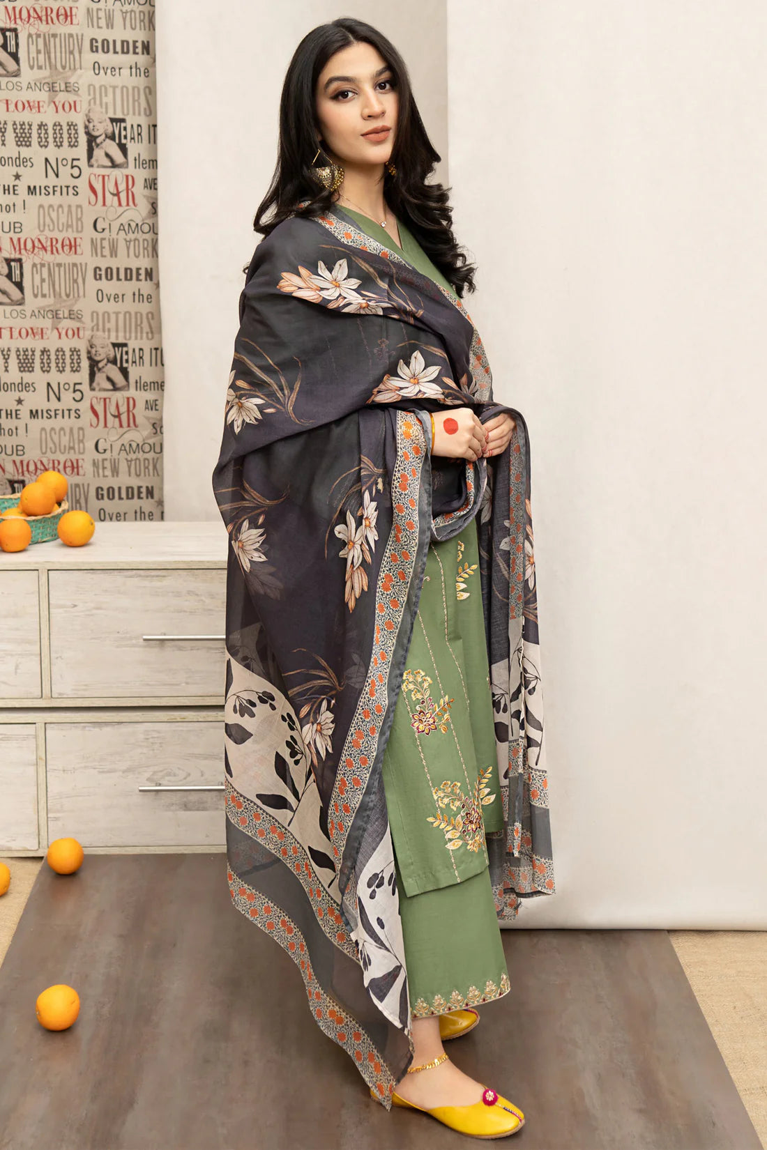 URGE- 3PC DHANAK EMBROIDERED SHIRT WITH COUTURE PRINT SHAWL AND EMB TROUSER- FW-14