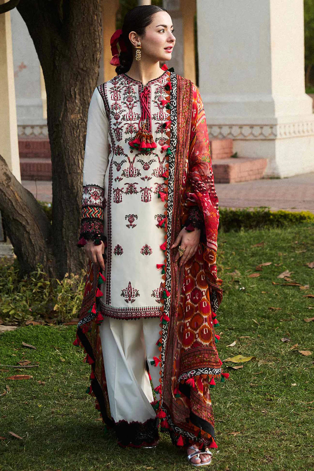 HUSSAIN REHAR- 3PC DHANAK EMBROIDERED SHIRT WITH COUTURE PRINT SHAWL AND TROUSER- FCW-04