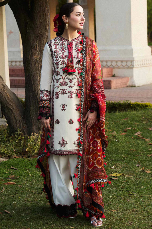 HUSSAIN REHAR- 3PC DHANAK EMBROIDERED SHIRT WITH COUTURE PRINT SHAWL AND TROUSER- FCW-04