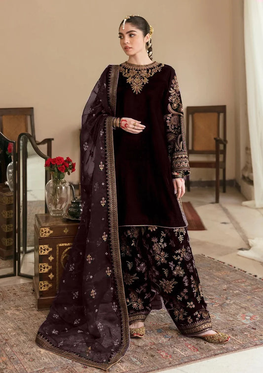 BAROQUE -3PC EMBROIDED VELVET DRESS WITH 4 SIDE EMBROIDED CUTWORK ORGANZA DUPATTA- FCW-15