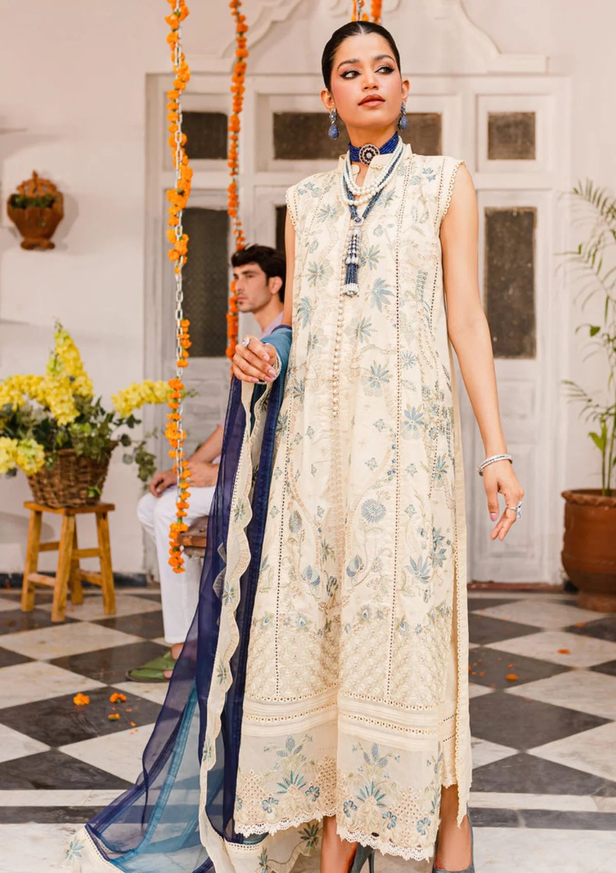 MARYUM & MARIA -3PC HEAVY EMBROIDERED SCIFFLE LAWN DRESS WITH FULLY EMBROIDERED 4 SIDE CUTWORK ORGANZA DUPATTA- FN-99