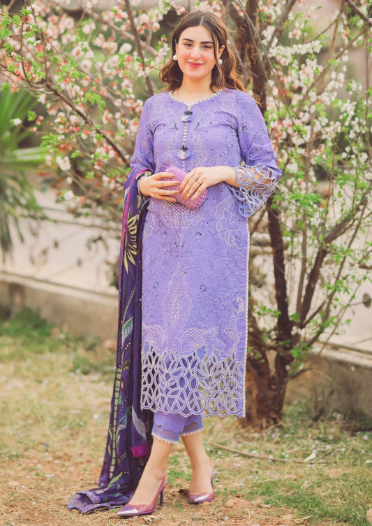 MUSHQ -3PC EMBROIDERED CUTWORK DHANAK DRESS WITH WOOL SHAWL- FW-32