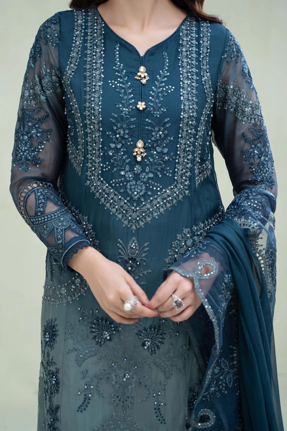 MARIA.B -3PC FANCY EMBROIDERED CHIFFON DRESS WITH FULLY HEAVY 4 SIDE EMBROIDERED CHIFFON DUPATTA- FPW-79